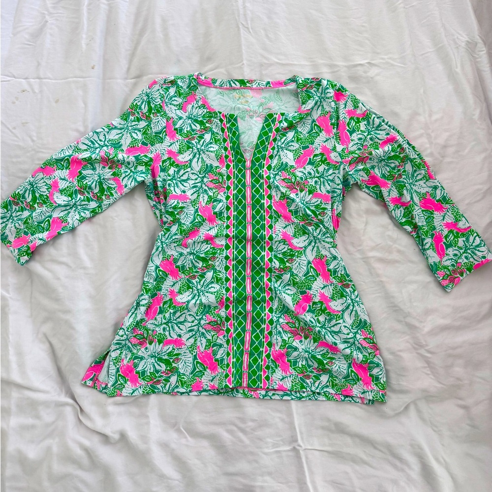 Lilly Pulitzer Green and Pink Graphic Tunic with 3/4 Sleeves
